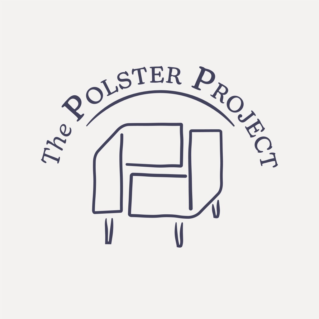 A logo for The Polster Project featuring wobbly lines representing fabric swatches in the shape of an armchair.